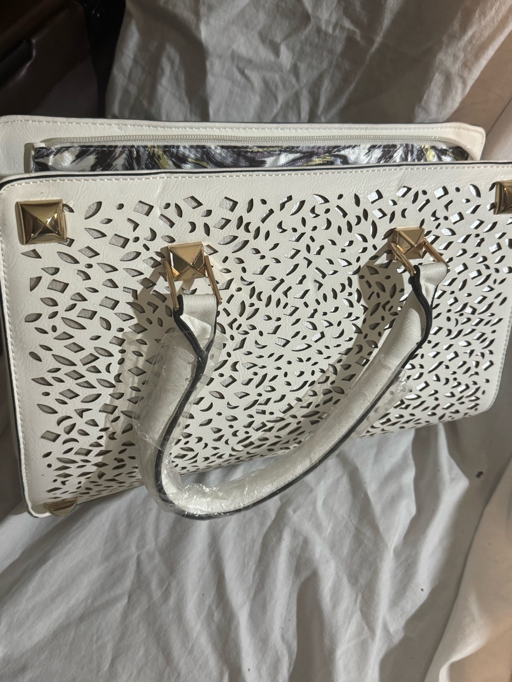 White Laser-Cut Tote Bag with Gold Stud Accents